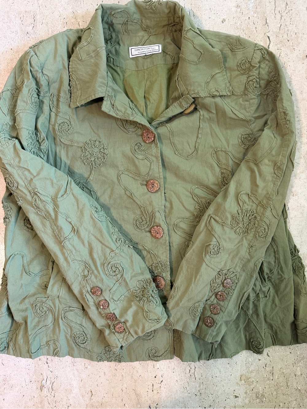 Simonton Says Vintage Olive Green 3D Floral Design Light Jacket Women’s XL